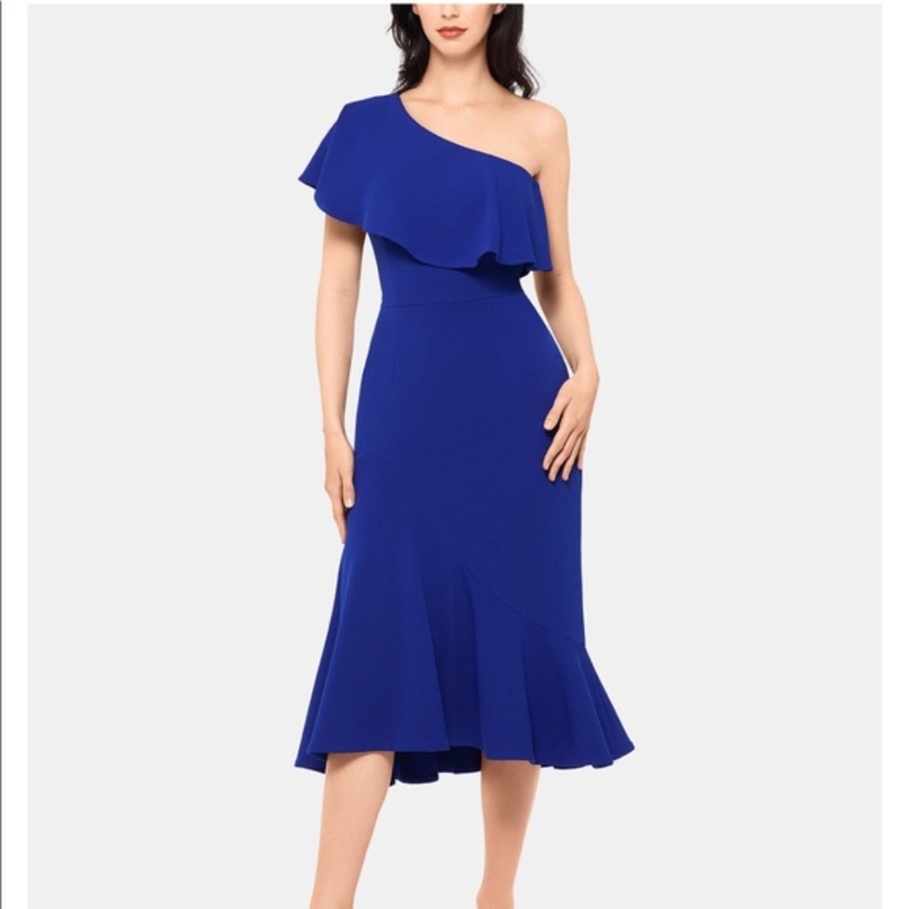 Betsy & Adam Ruffle one Shoulder Midi Dress